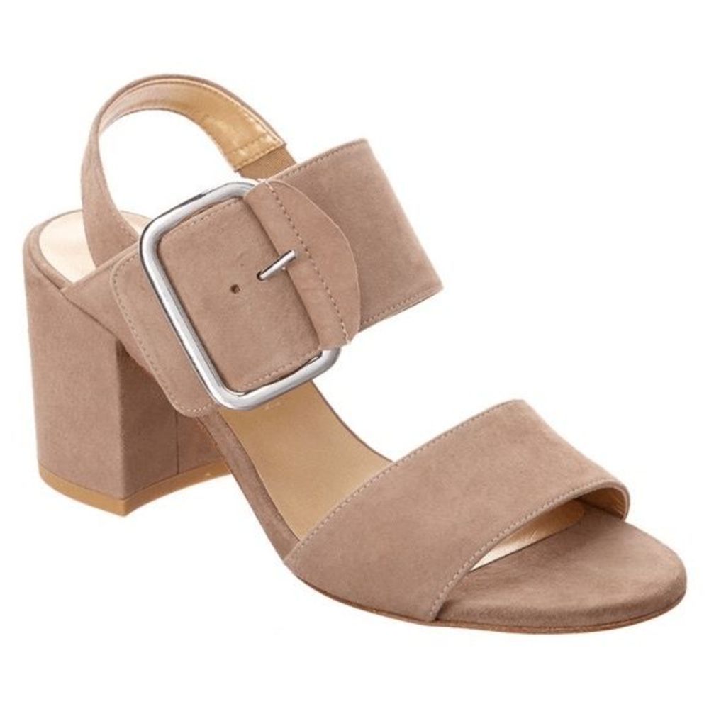 Stuart Weitzman Neutral Taupe Suede Block Heel Sandals with Buckle
